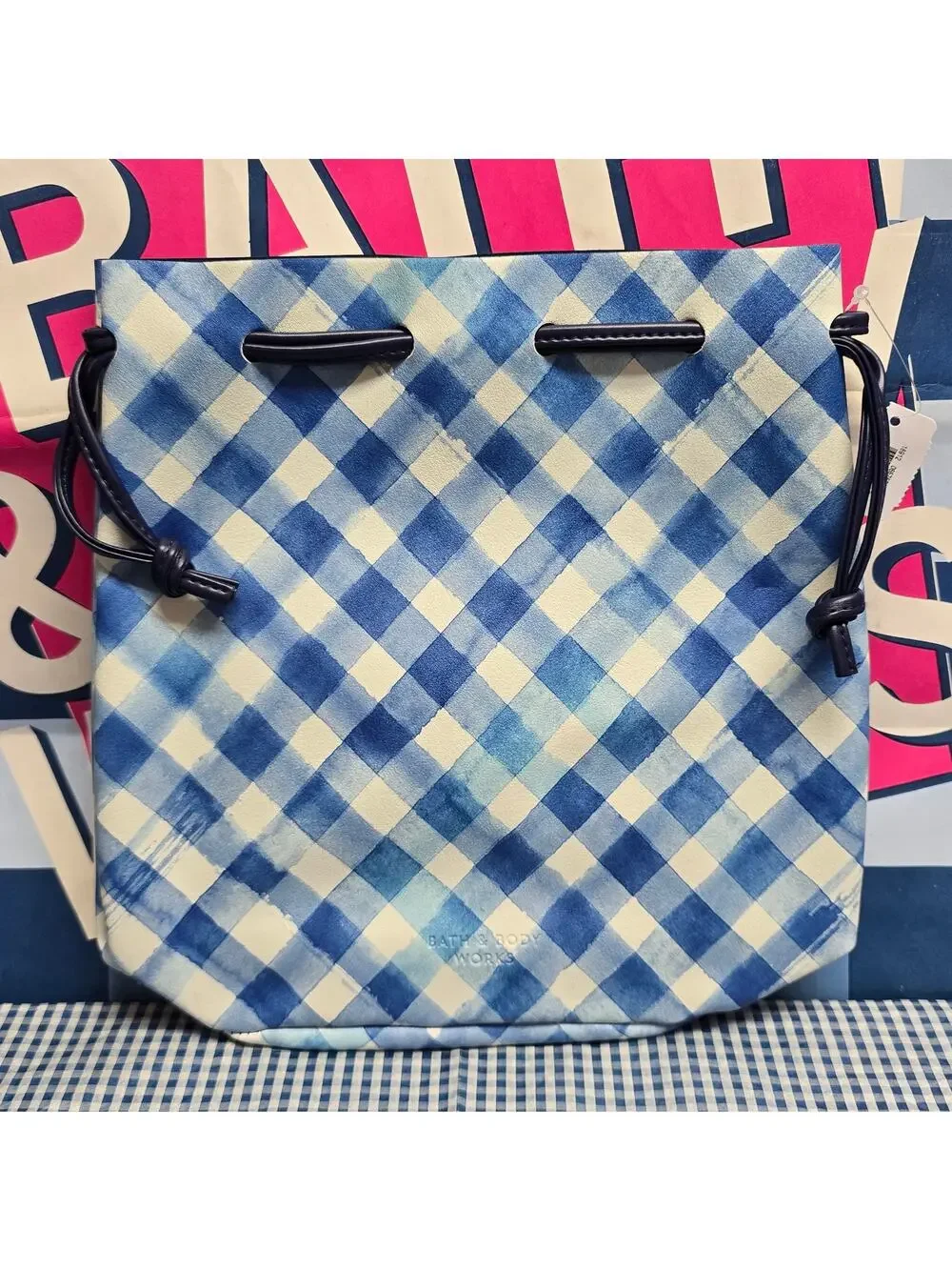 BBW Blue Draw String Gingham Gift Bag